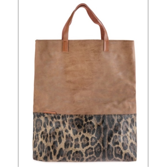 Brown Faux Leather with Leopard Print Tote - Picture 13 of 13